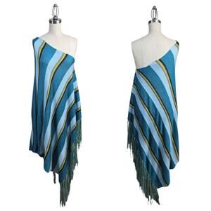 Vintage Lane Bryant Poncho One Size Blue Striped Fringe Boho Coastal Artsy Beach